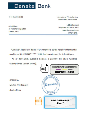 Denmark Danskebank bank account reference letter template in Word and PDF format
