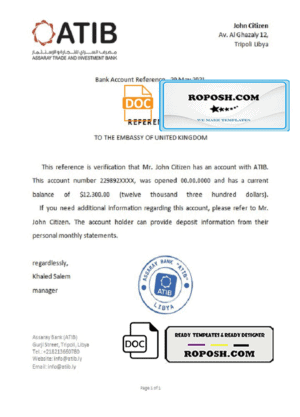 Libya Assaray Bank bank reference letter template in Word and PDF format