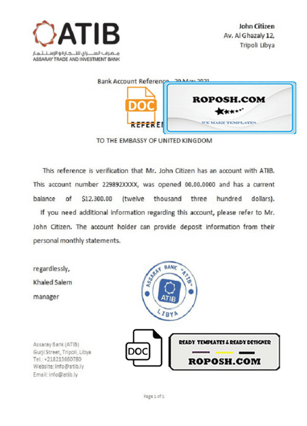 Libya Assaray Bank bank reference letter template in Word and PDF format
