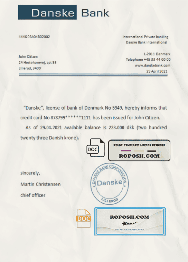 Denmark Danskebank bank account reference letter template in Word and PDF format