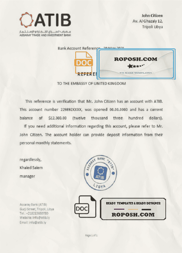 Libya Assaray Bank bank reference letter template in Word and PDF format
