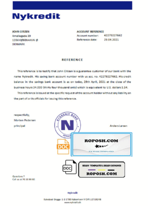 Denmark Nykredit bank account reference letter template in Word and PDF format