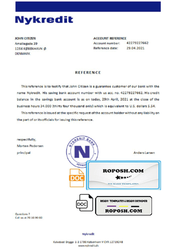 Denmark Nykredit bank account reference letter template in Word and PDF format