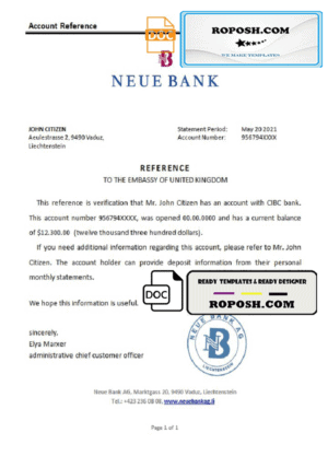 Liechtenstein Neue Bank bank reference letter template in Word and PDF format