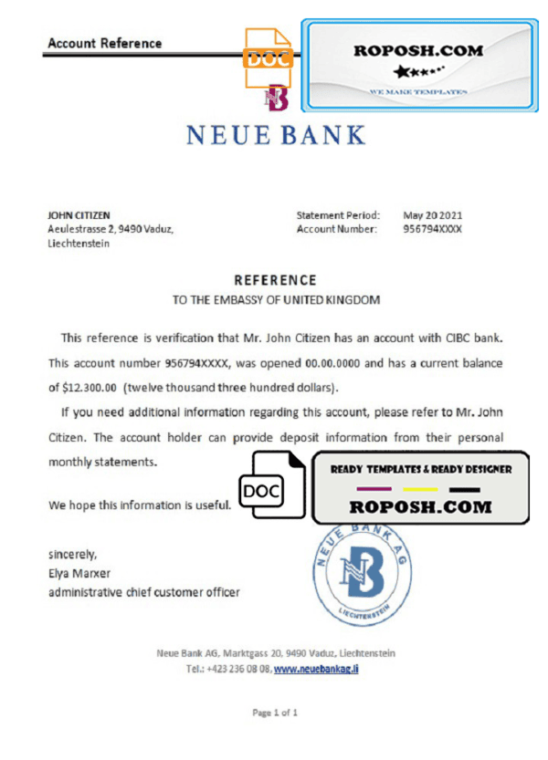 Liechtenstein Neue Bank bank reference letter template in Word and PDF format
