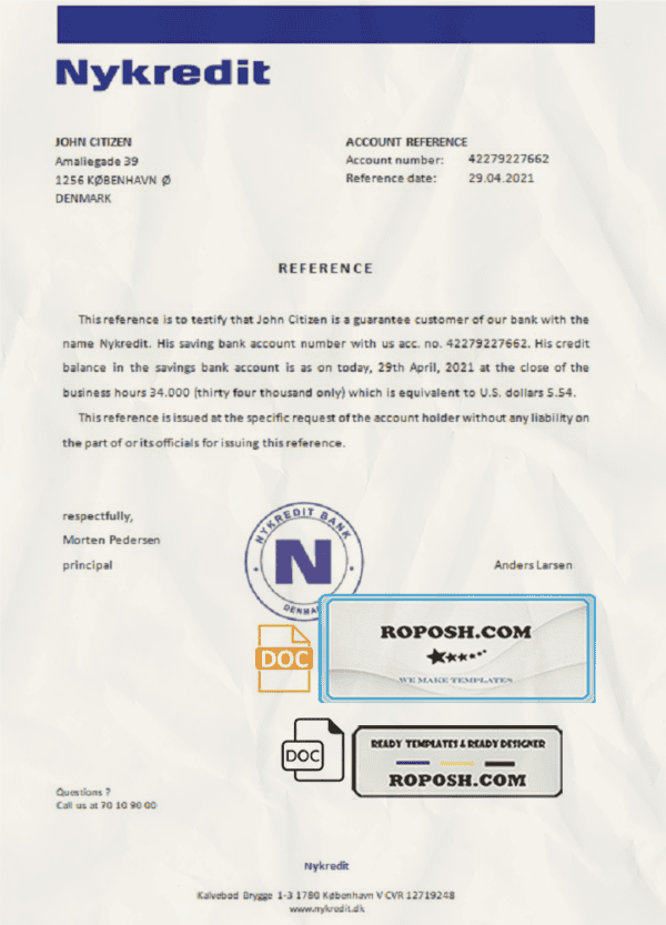 Denmark Nykredit bank account reference letter template in Word and PDF format