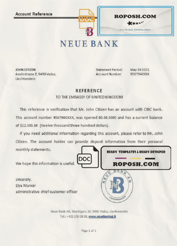 Liechtenstein Neue Bank bank reference letter template in Word and PDF format