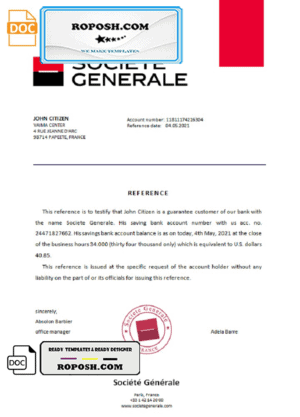 France Société Générale bank account reference letter template in Word and PDF format