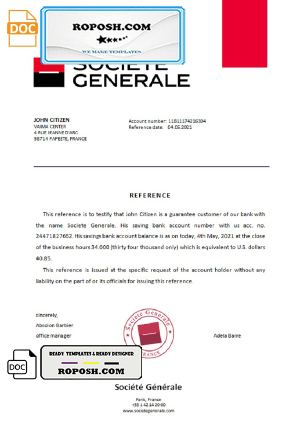 France Société Générale bank account reference letter template in Word and PDF format