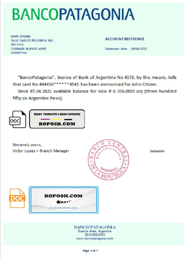 Argentina Banco Patagonia bank reference letter template in Word and PDF format