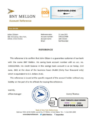 USA BNY Mellon bank account reference letter template in Word and PDF format