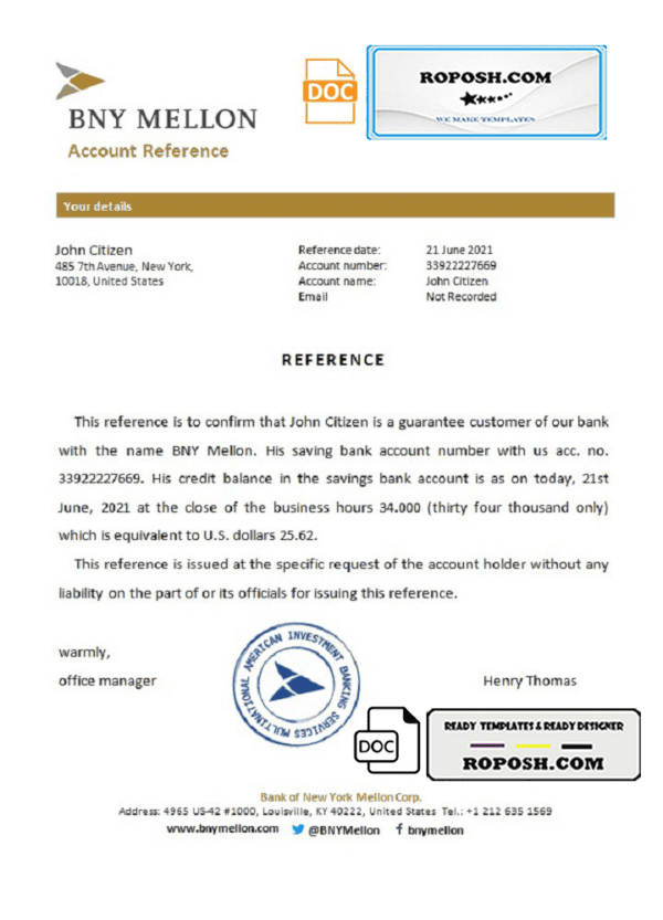 USA BNY Mellon bank account reference letter template in Word and PDF format