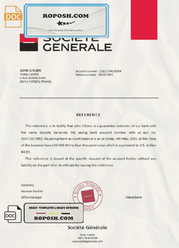 France Société Générale bank account reference letter template in Word and PDF format