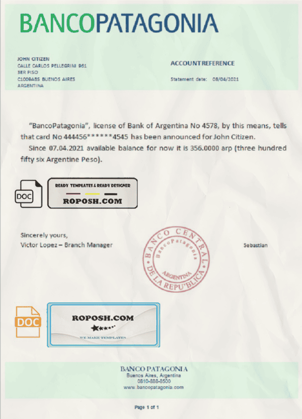 Argentina Banco Patagonia bank reference letter template in Word and PDF format