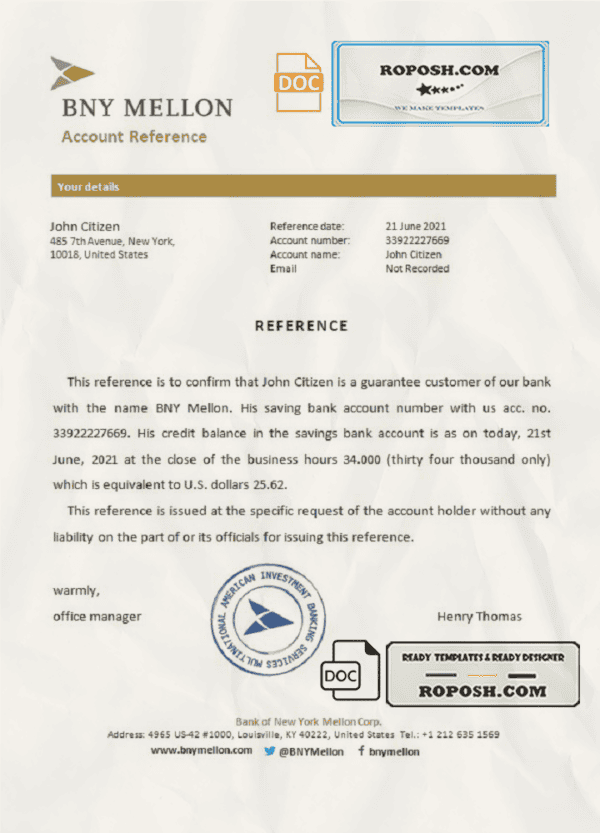 USA BNY Mellon bank account reference letter template in Word and PDF format