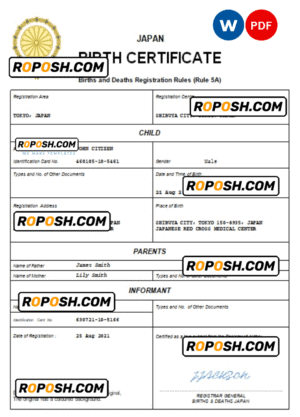 Japan birth certificate Word and PDF template, completely editable