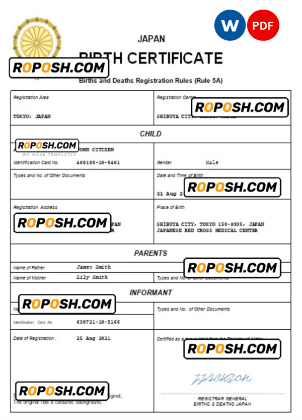 Japan birth certificate Word and PDF template, completely editable