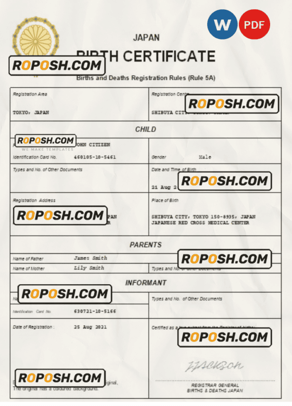 Japan birth certificate Word and PDF template, completely editable