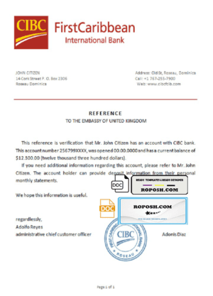 Dominica CIBC First Caribbean International bank account reference letter template in Word and PDF format