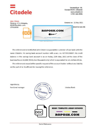 Lithuania Citadele bank reference letter template in Word and PDF format