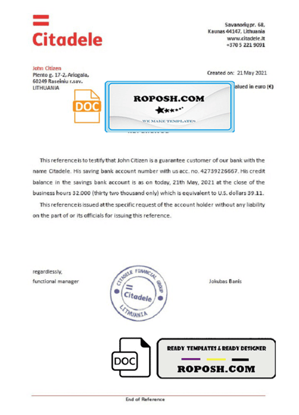 Lithuania Citadele bank reference letter template in Word and PDF format