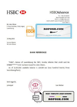 Luxembourg HSBC bank reference letter template in Word and PDF format
