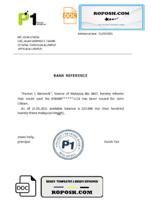 Malaysia Packet 1 Network bank reference letter template in Word and PDF format
