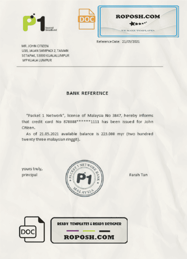 Malaysia Packet 1 Network bank reference letter template in Word and PDF format