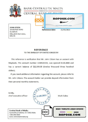 Malta Central Bank of Malta bank reference letter template in Word and PDF format