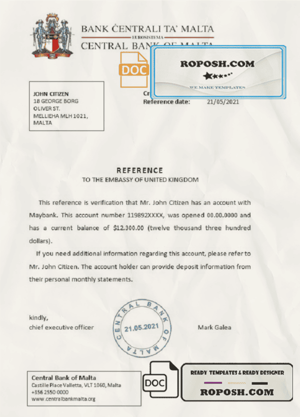 Malta Central Bank of Malta bank reference letter template in Word and PDF format