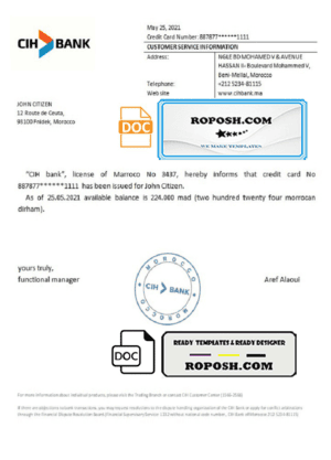 Morocco CIH Bank bank reference letter template in Word and PDF format