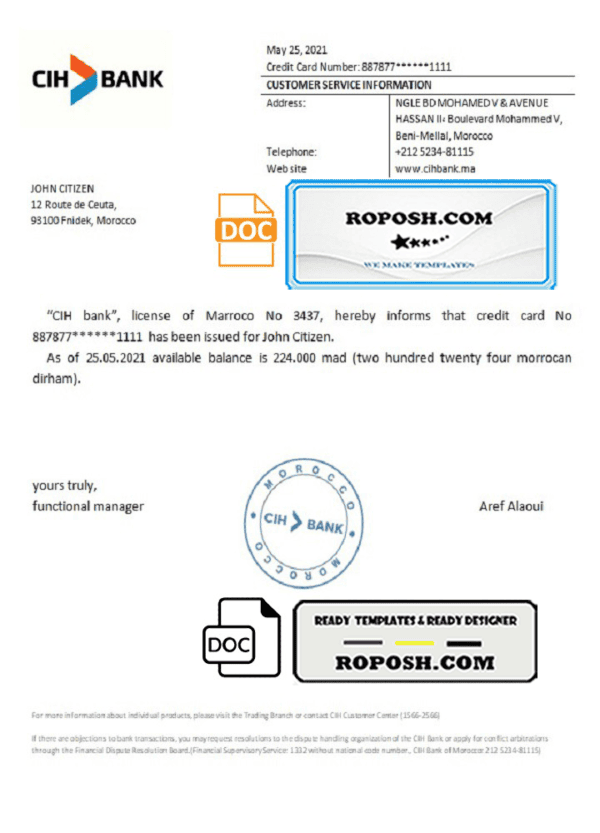 Morocco CIH Bank bank reference letter template in Word and PDF format