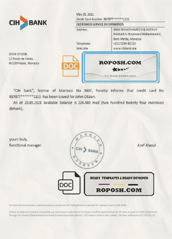 Morocco CIH Bank bank reference letter template in Word and PDF format