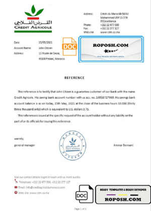 Morocco Credit Agricole bank reference letter template in Word and PDF format