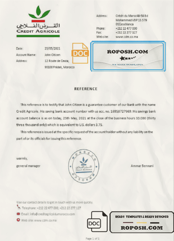 Morocco Credit Agricole bank reference letter template in Word and PDF format