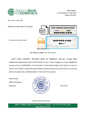 Dominica National Bank of Dominica bank account reference letter template in Word and PDF format