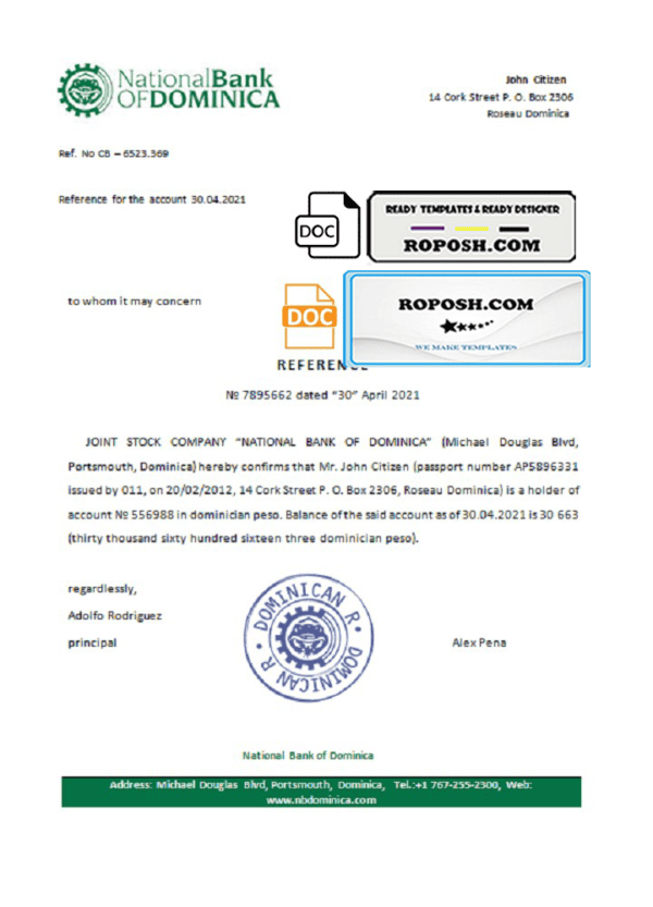 Dominica National Bank of Dominica bank account reference letter template in Word and PDF format