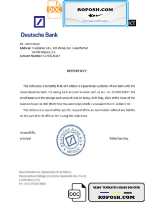 Mexico Deutsche Bank bank reference letter template in Word and PDF format