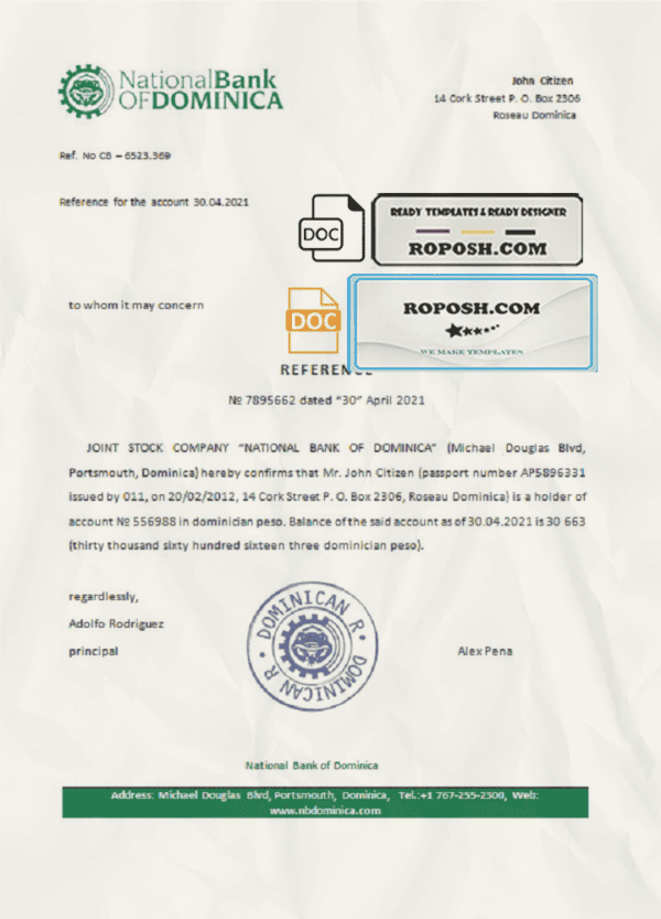 Dominica National Bank of Dominica bank account reference letter template in Word and PDF format