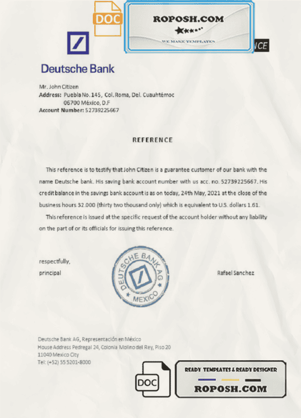 Mexico Deutsche Bank bank reference letter template in Word and PDF format