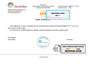 Moldova ProCredit Bank bank reference letter template in Word and PDF format