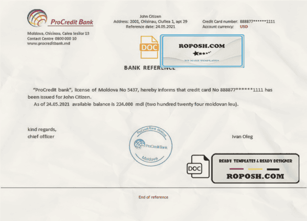 Moldova ProCredit Bank bank reference letter template in Word and PDF format