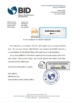 Ecuador Banco Interamericano de Desarrollo (BID) bank account reference letter template in Word and PDF format
