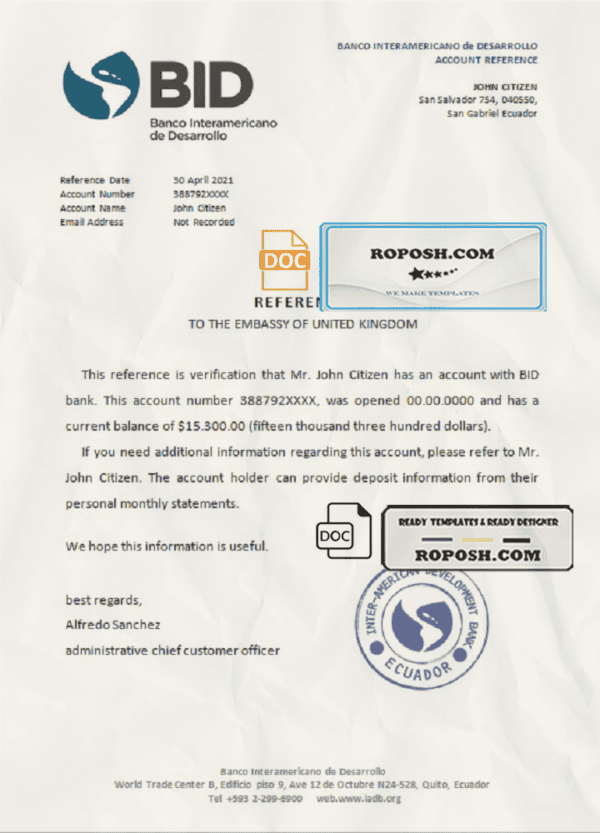 Ecuador Banco Interamericano de Desarrollo (BID) bank account reference letter template in Word and PDF format