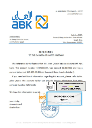 Egypt Al Ahli Bank of Kuwait bank account reference letter template in Word and PDF format