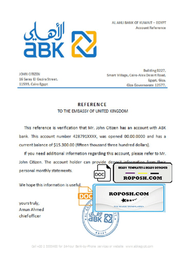 Egypt Al Ahli Bank of Kuwait bank account reference letter template in Word and PDF format