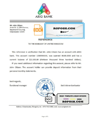 Mongolia Arig Bank bank reference letter template in Word and PDF format