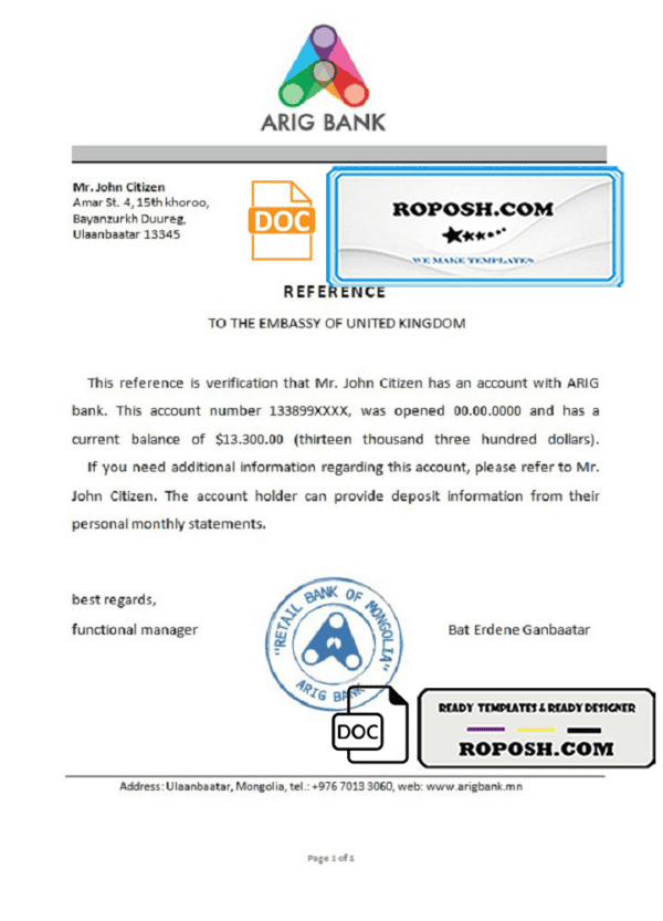 Mongolia Arig Bank bank reference letter template in Word and PDF format