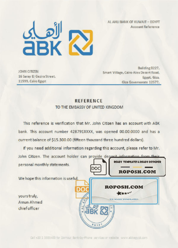 Egypt Al Ahli Bank of Kuwait bank account reference letter template in Word and PDF format