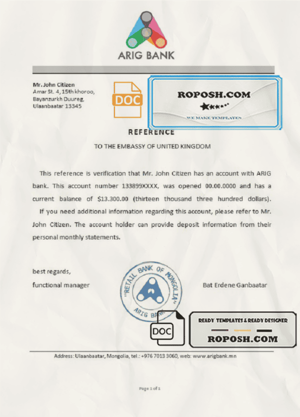 Mongolia Arig Bank bank reference letter template in Word and PDF format